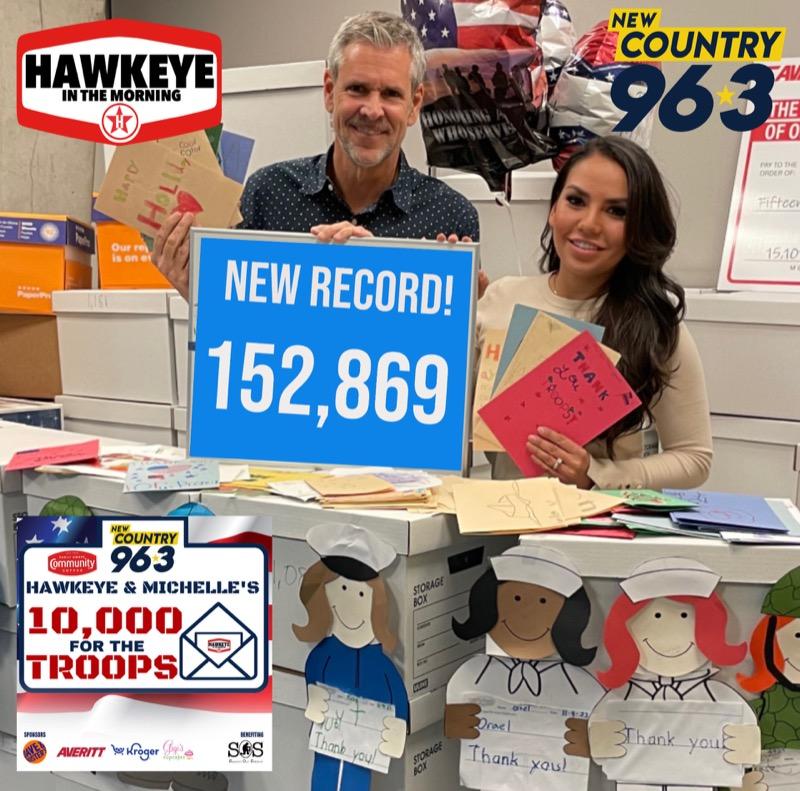 New Country 96.3's 10,000 for the Troops holiday card drive, featuring morning show hosts, Mark "Hawkeye" Louis and Michelle Rodriguez of Hawkeye in the Morning, displaying this year's record number of cards donated, and employees of Averitt