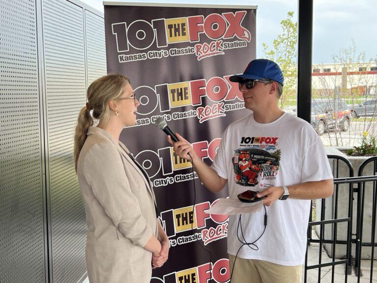 Morning host, Sparks from 101 The Fox interviewing Chelsey Smith, Executive Director, Public Relations & Strategic Communications, Community Blood Center.