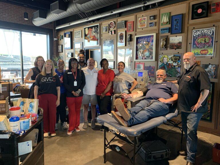 Afternoon host, Doug Medlock and weekend host Steve Garrett from 101 The Fox; and Community Blood Center staff who worked the blood drive.